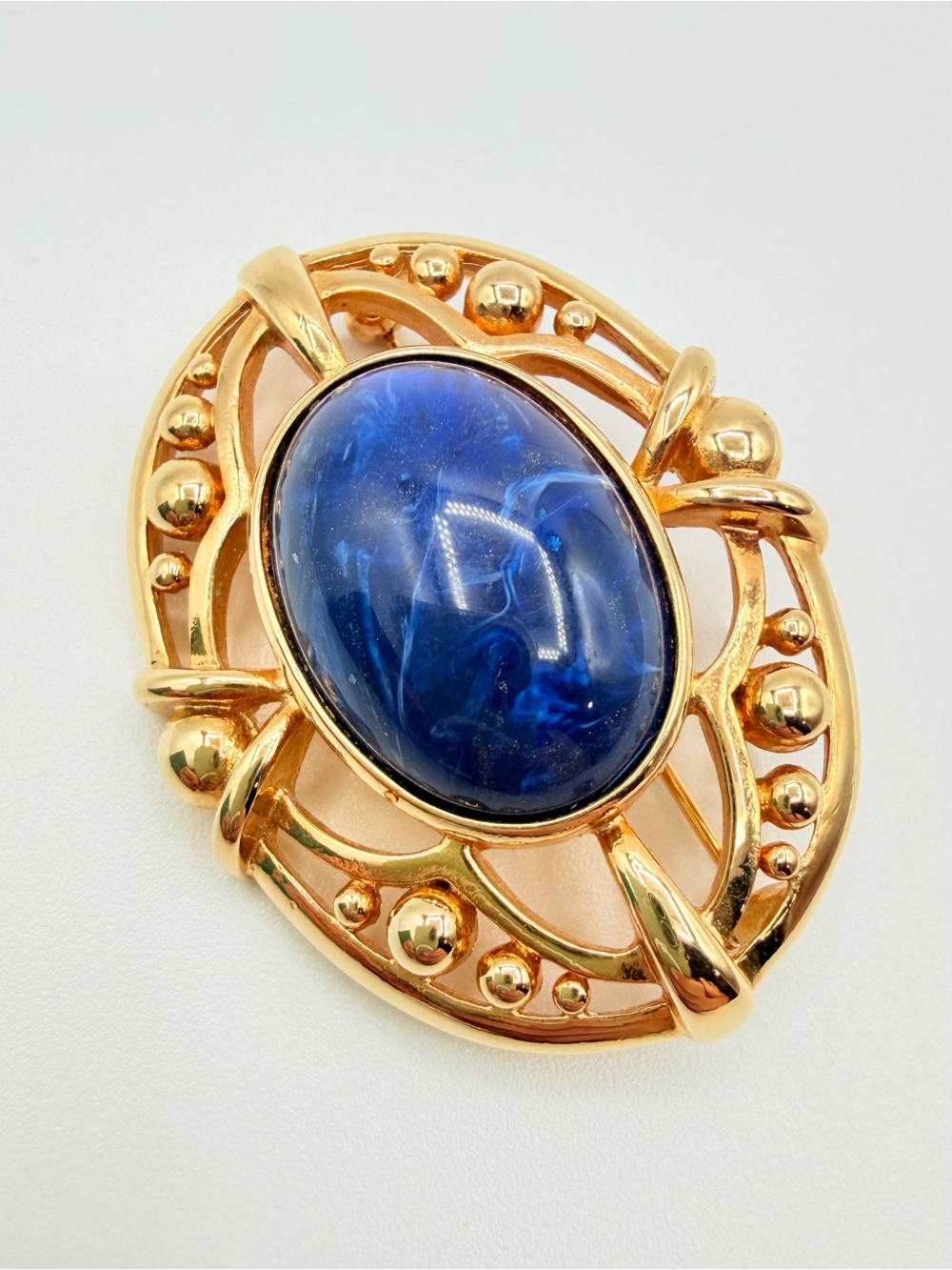 Vintage Blue Cabochon Statement Brooch Gold Tone Openwork Pin